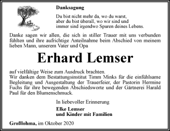 Traueranzeige von Erhard Lemser von Thüringer Allgemeine, Thüringische Landeszeitung