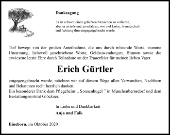 Traueranzeige von Erich Gürtler von Ostthüringer Zeitung