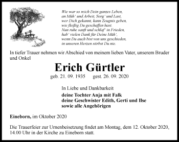 Traueranzeige von Erich Gürtler von Ostthüringer Zeitung