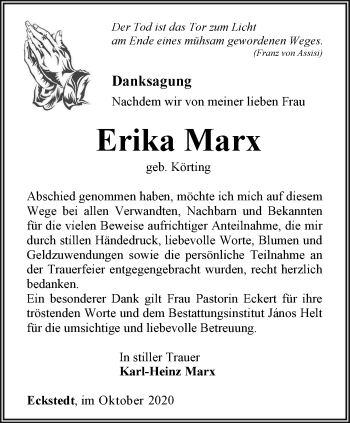 Traueranzeige von Erika Marx von Thüringer Allgemeine, Thüringische Landeszeitung