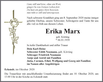 Traueranzeige von Erika Marx von Thüringer Allgemeine