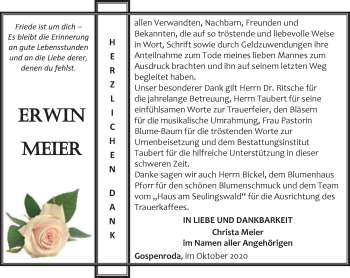 Traueranzeige von Erwin Meier von Thüringer Allgemeine, Thüringische Landeszeitung