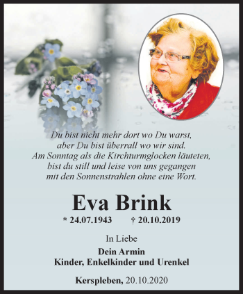 Traueranzeige von Eva Brink von Thüringer Allgemeine, Thüringische Landeszeitung