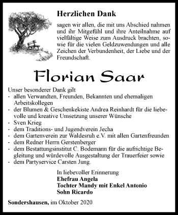 Traueranzeige von Florian Saar