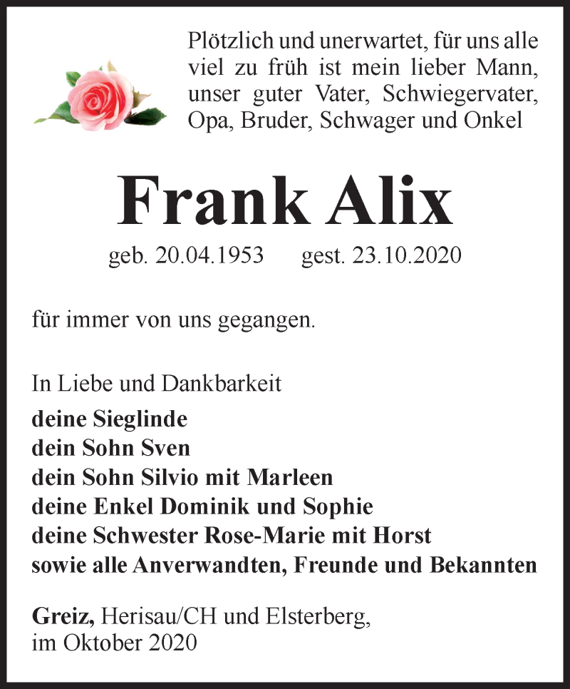  Traueranzeige für Frank Alix vom 30.10.2020 aus Ostthüringer Zeitung