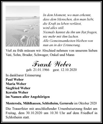 Traueranzeige von Frank Weber von Thüringer Allgemeine, Thüringische Landeszeitung