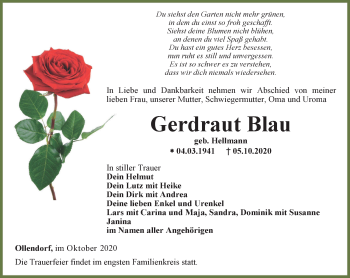 Traueranzeige von Gerdraut Blau von Thüringer Allgemeine, Thüringische Landeszeitung