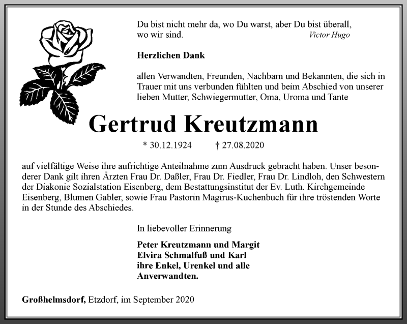  Traueranzeige für Gertrud Kreutzmann vom 02.10.2020 aus Ostthüringer Zeitung