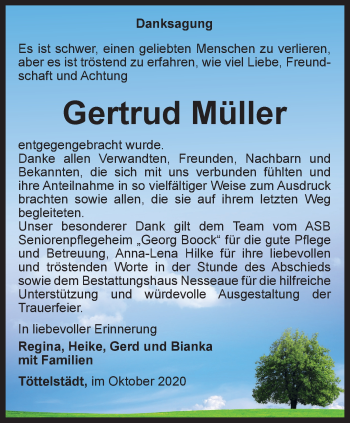 Traueranzeige von Gertrud Müller von Thüringer Allgemeine, Thüringische Landeszeitung