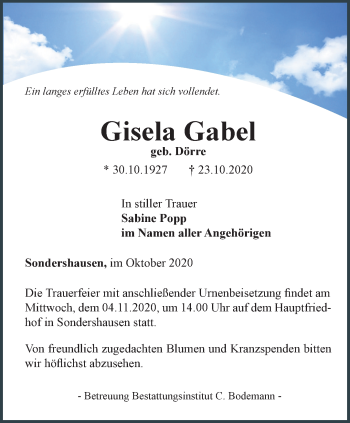 Traueranzeige von Gisela Gabel