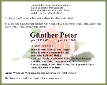 Traueranzeige von Günther Peter von Ostthüringer Zeitung