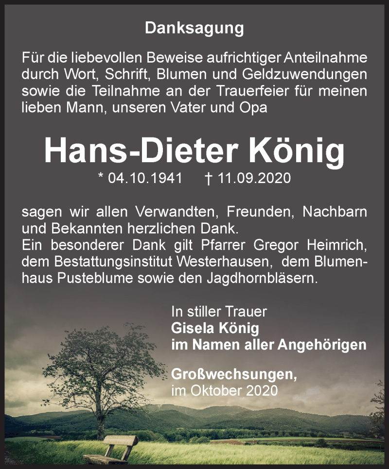  Traueranzeige für Hans-Dieter König vom 30.10.2020 aus Thüringer Allgemeine