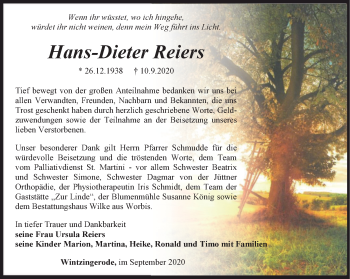 Traueranzeige von Hans-Dieter Reiers von Thüringer Allgemeine