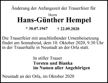 Traueranzeige von Hans-Günther Hempel von Ostthüringer Zeitung