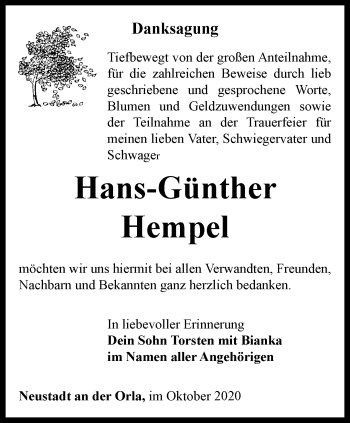 Traueranzeige von Hans-Günther Hempel von Ostthüringer Zeitung