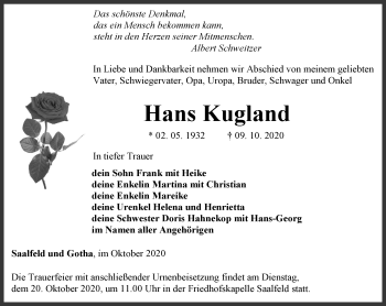 Traueranzeige von Hans Kugland von Ostthüringer Zeitung