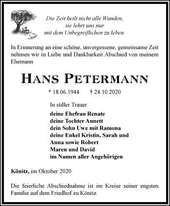 Traueranzeige von Hans Petermann von Ostthüringer Zeitung