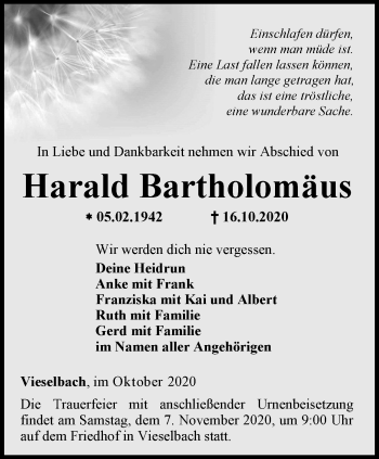 Traueranzeige von Harald Bartholomäus von Thüringer Allgemeine, Thüringische Landeszeitung