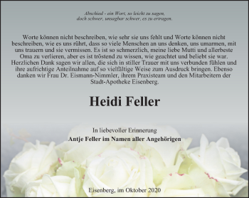 Traueranzeige von Heidi Feller von Ostthüringer Zeitung