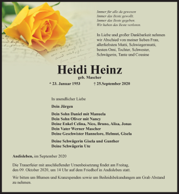 Traueranzeige von Heidi Heinz von Thüringer Allgemeine, Thüringische Landeszeitung