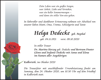Traueranzeige von Helga Dedecke von Thüringer Allgemeine