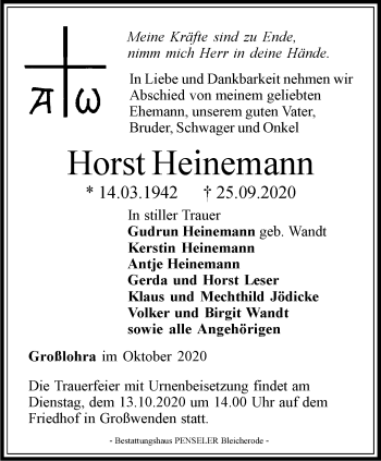 Traueranzeige von Horst Heinemann von Thüringer Allgemeine