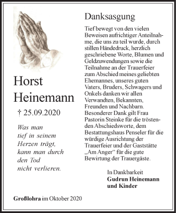 Traueranzeige von Horst Heinemann von Thüringer Allgemeine