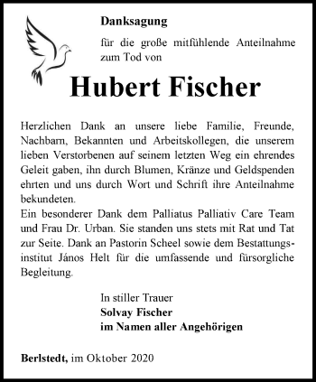 Traueranzeige von Hubert Fischer von Thüringer Allgemeine, Thüringische Landeszeitung