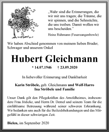 Traueranzeige von Hubert Gleichmann von Thüringer Allgemeine