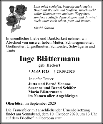 Traueranzeige von Inge Blättermann von Thüringer Allgemeine