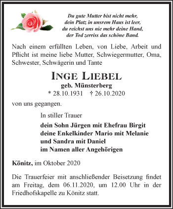 Traueranzeige von Inge Liebel von Ostthüringer Zeitung