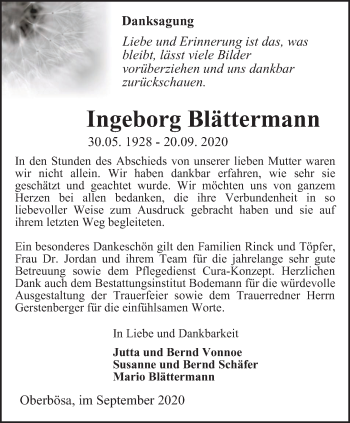 Traueranzeige von Ingeborg Blättermann von Thüringer Allgemeine