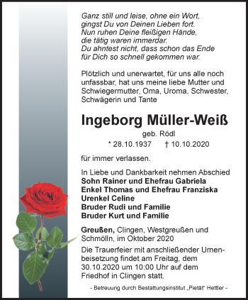 Traueranzeige von Ingeborg Müller-Weiß von Thüringer Allgemeine