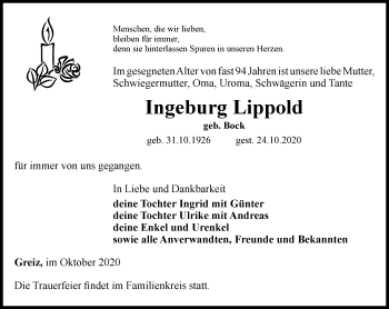 Traueranzeige von Ingeburg Lippold