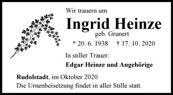 Traueranzeige von Ingrid Heinze von Ostthüringer Zeitung