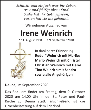 Traueranzeige von Irene Weinrich von Thüringer Allgemeine