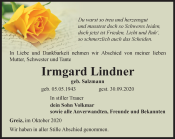 Traueranzeige von Irmgard Lindner