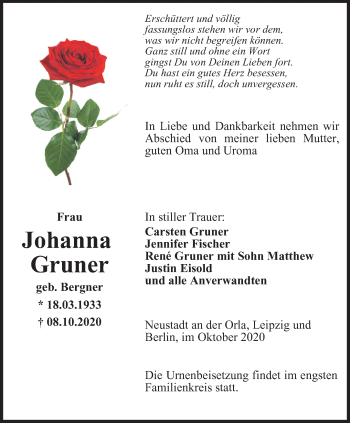 Traueranzeige von Johanna Gruner