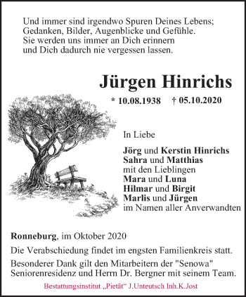 Traueranzeige von Jürgen Hinrichs von Ostthüringer Zeitung