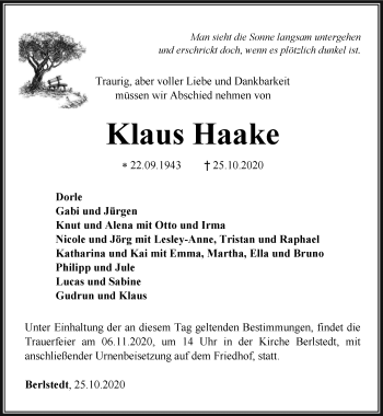 Traueranzeige von Klaus Haake von Thüringer Allgemeine, Thüringische Landeszeitung