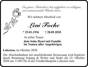 Traueranzeige von Leni Focke von Ostthüringer Zeitung