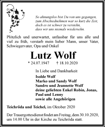 Traueranzeige von Lutz Wolf von Ostthüringer Zeitung