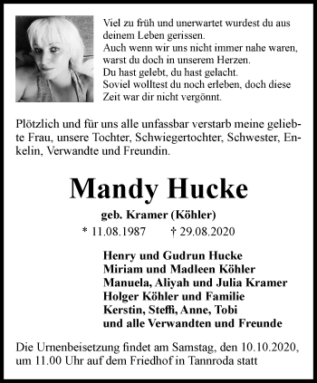 Traueranzeige von Mandy Hucke von Thüringer Allgemeine, Thüringische Landeszeitung