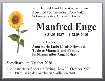 Traueranzeige von Manfred Enge von Thüringer Allgemeine, Thüringische Landeszeitung