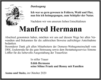 Traueranzeige von Manfred Hermann von Ostthüringer Zeitung