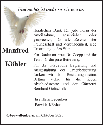Traueranzeige von Manfred Köhler von Ostthüringer Zeitung