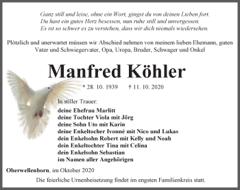 Traueranzeige von Manfred Köhler von Ostthüringer Zeitung
