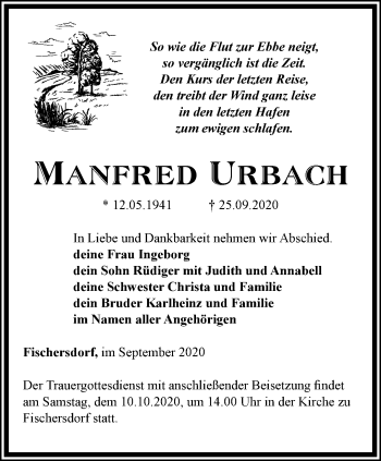 Traueranzeige von Manfred Urbach von Ostthüringer Zeitung