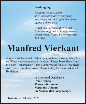 Traueranzeige von Manfred Vierkant von Ostthüringer Zeitung