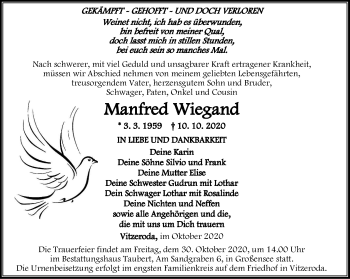 Traueranzeige von Manfred Wiegand von Thüringer Allgemeine, Thüringische Landeszeitung